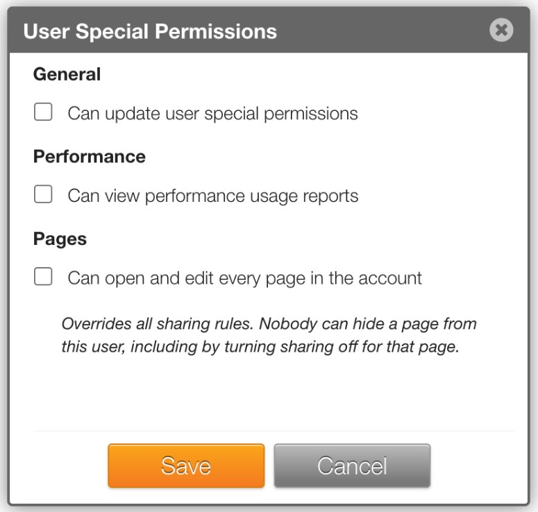 User Special Permissions dialog