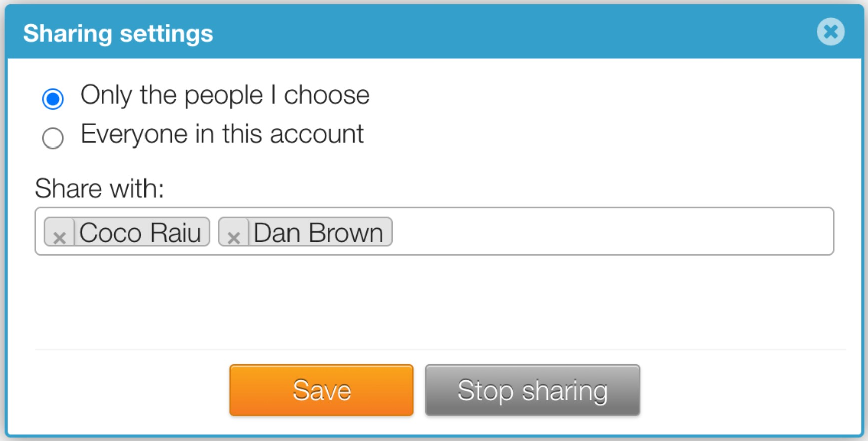 Sharing settings dialog