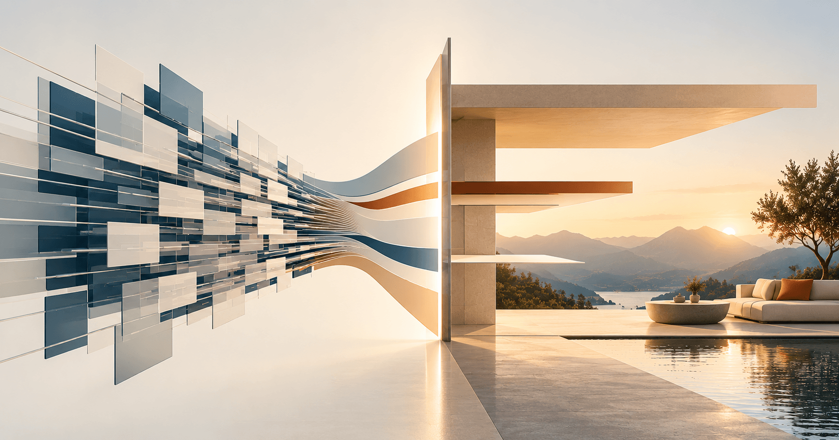 Abstract illustration showing complex streams of information moving through a central boundary and becoming a refined hospitality experience, representing the shift from operational systems to a specialized customer-facing experience layer.
